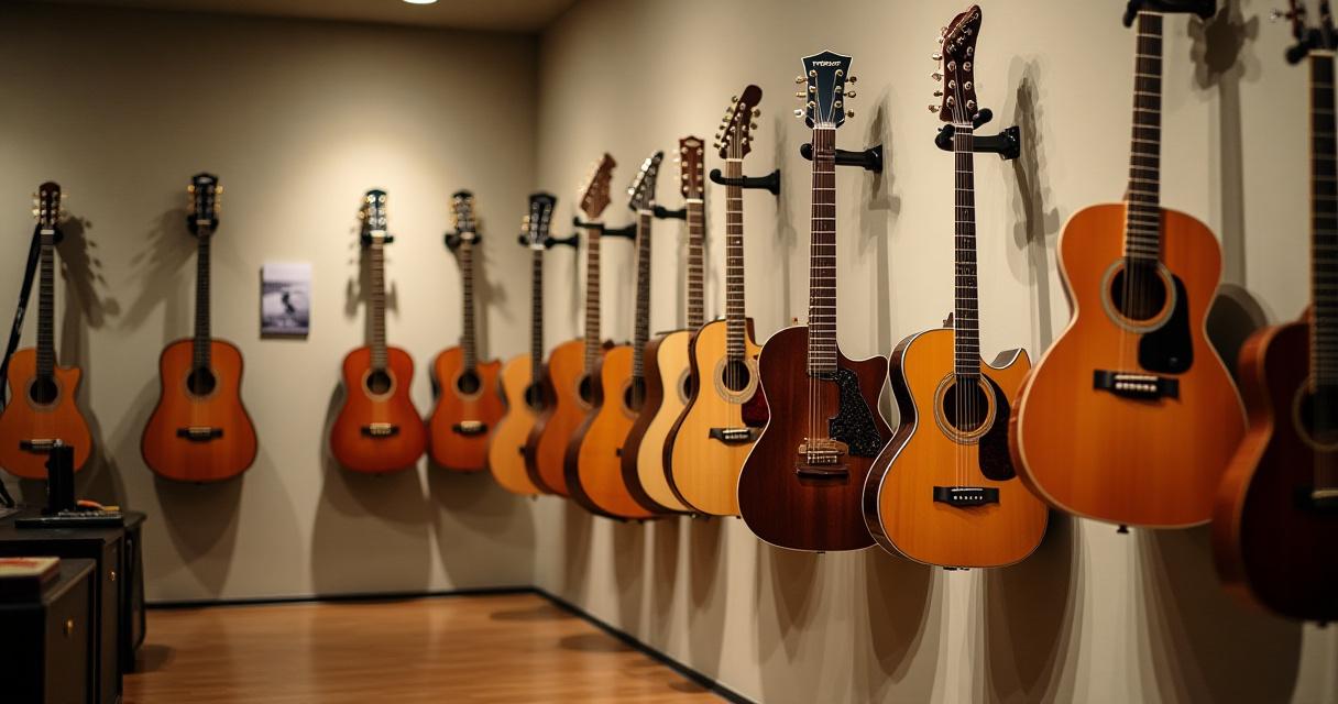 A collection of beautiful hollow-body and acoustic guitars hanging on a wall