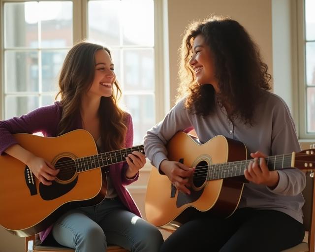 Students playing guitar together in a bright studio