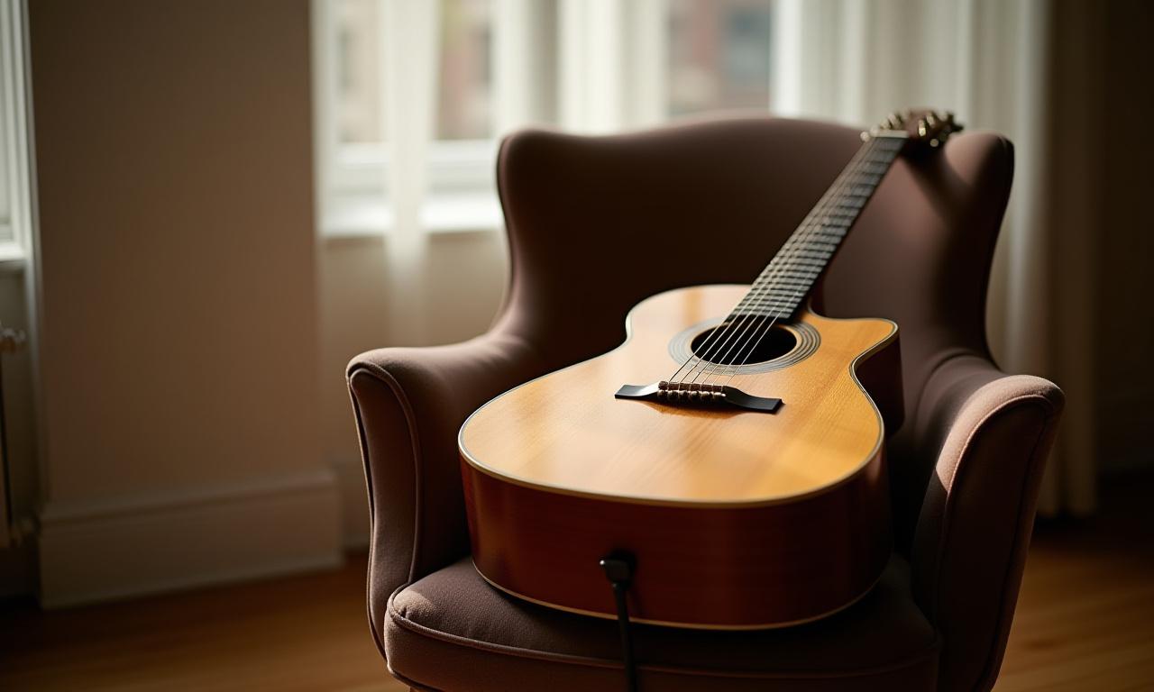 A classic acoustic guitar resting against a stool in a sunlit NY studio